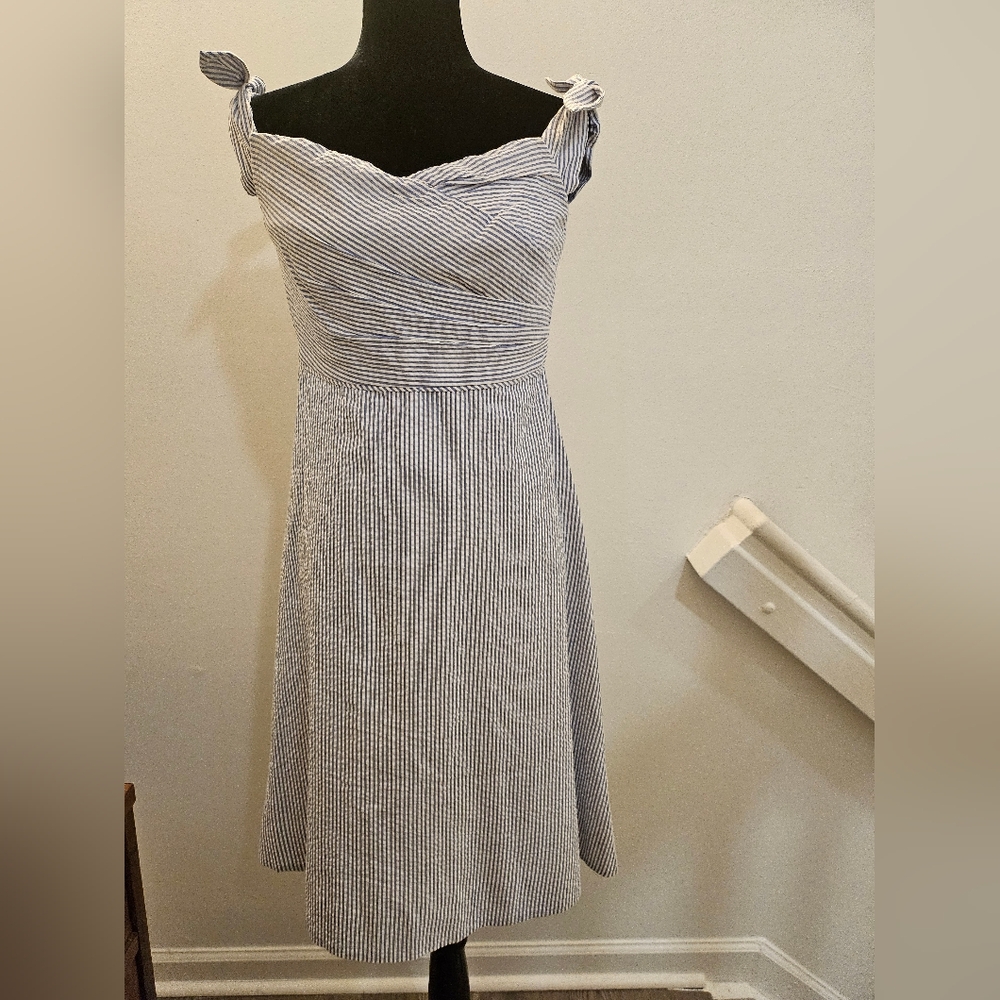 J. Crew Blue and White Striped Seersucker Midi Dress NWT